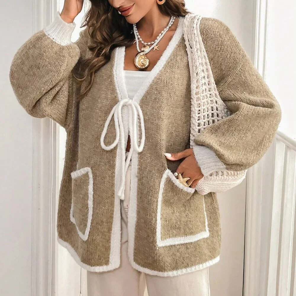 Khaki Casual Women's Loose Fit V-Neck Long Sleeve Cardigan - Picture 3 of 7